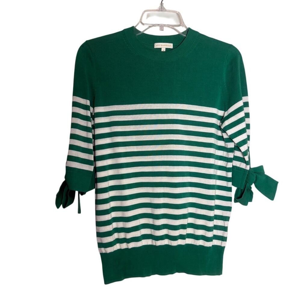 Ann Mashburn Green White Striped Sweater Bow Sleeves Women’s Sz. M